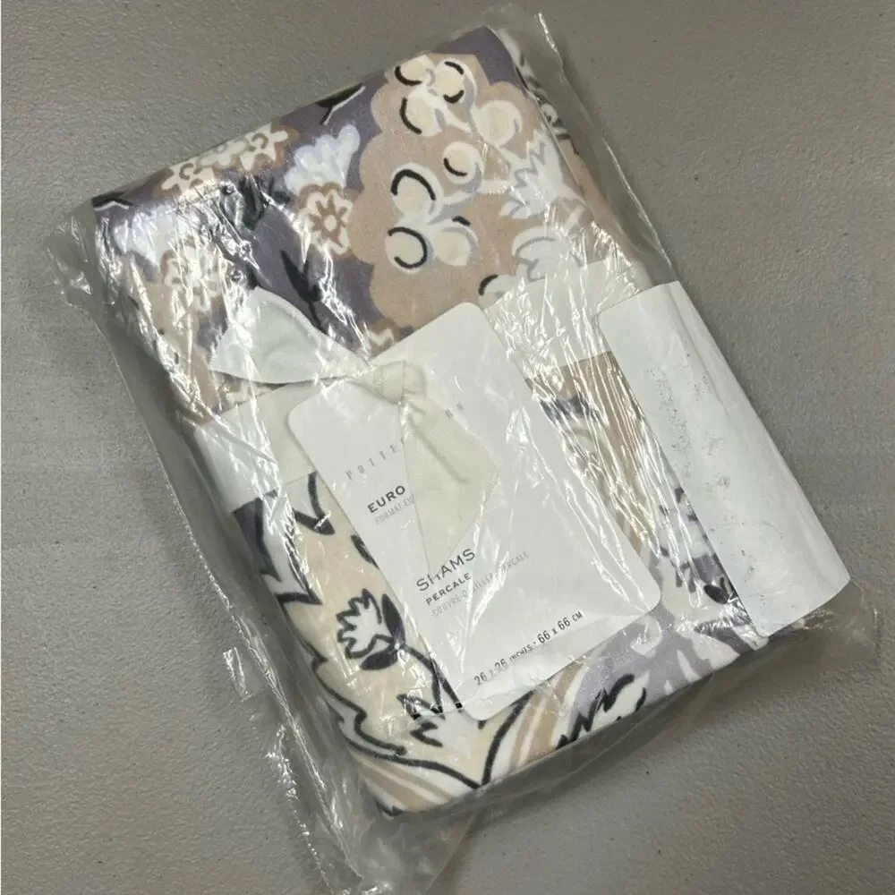 2 Pottery Barn Celeste Percale Euro Square Sham Pillow Cover Gray Cream Tan NWT